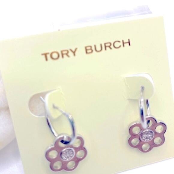 New Tory Burch Silver Logo Flower Hoop Drop Earings, Comes With Dust Bag - Picture 3 of 4
